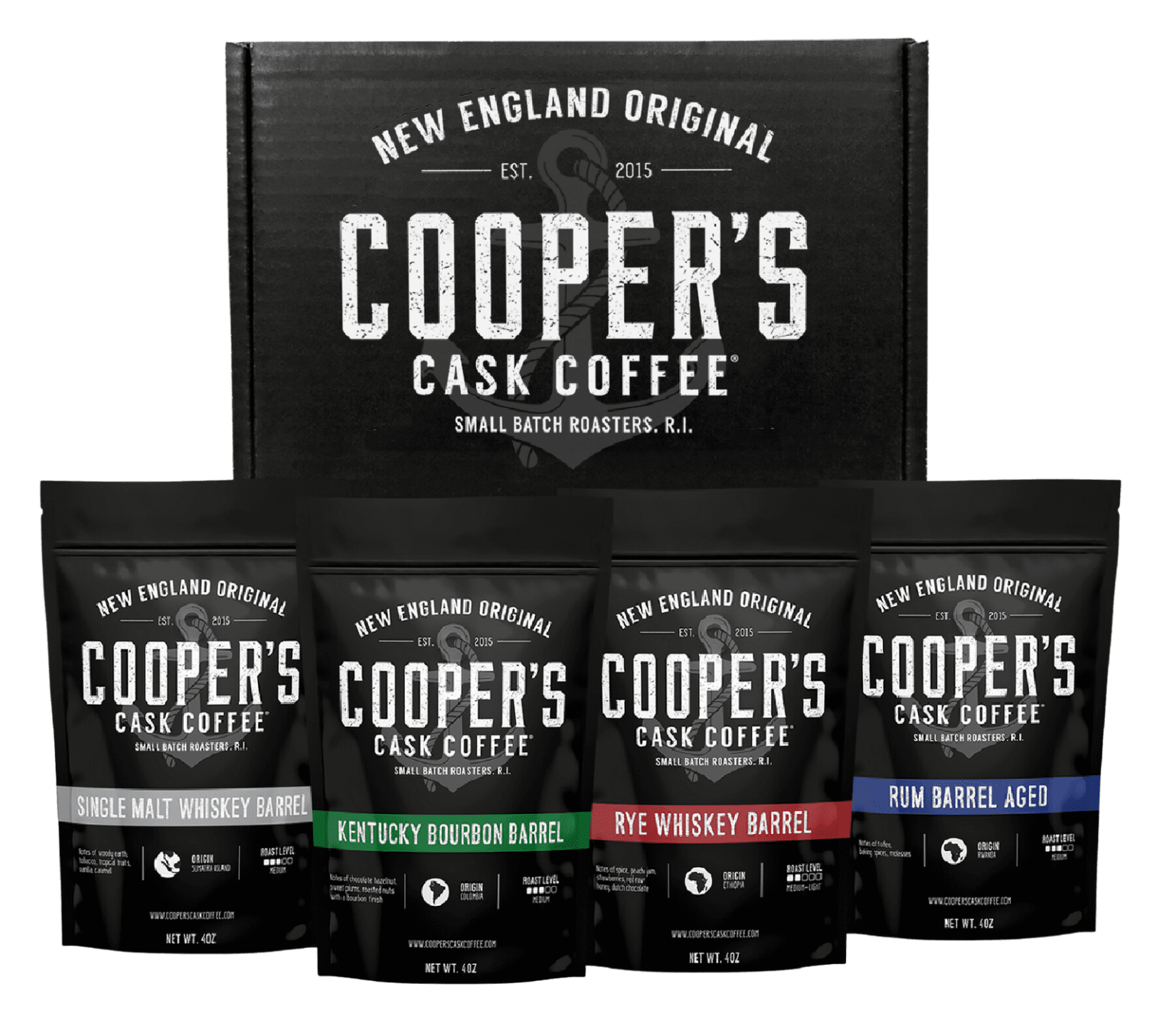 Cooper’s Cask Bourbon, Whisky, & Rum Barrel-Aged Coffee Box Set