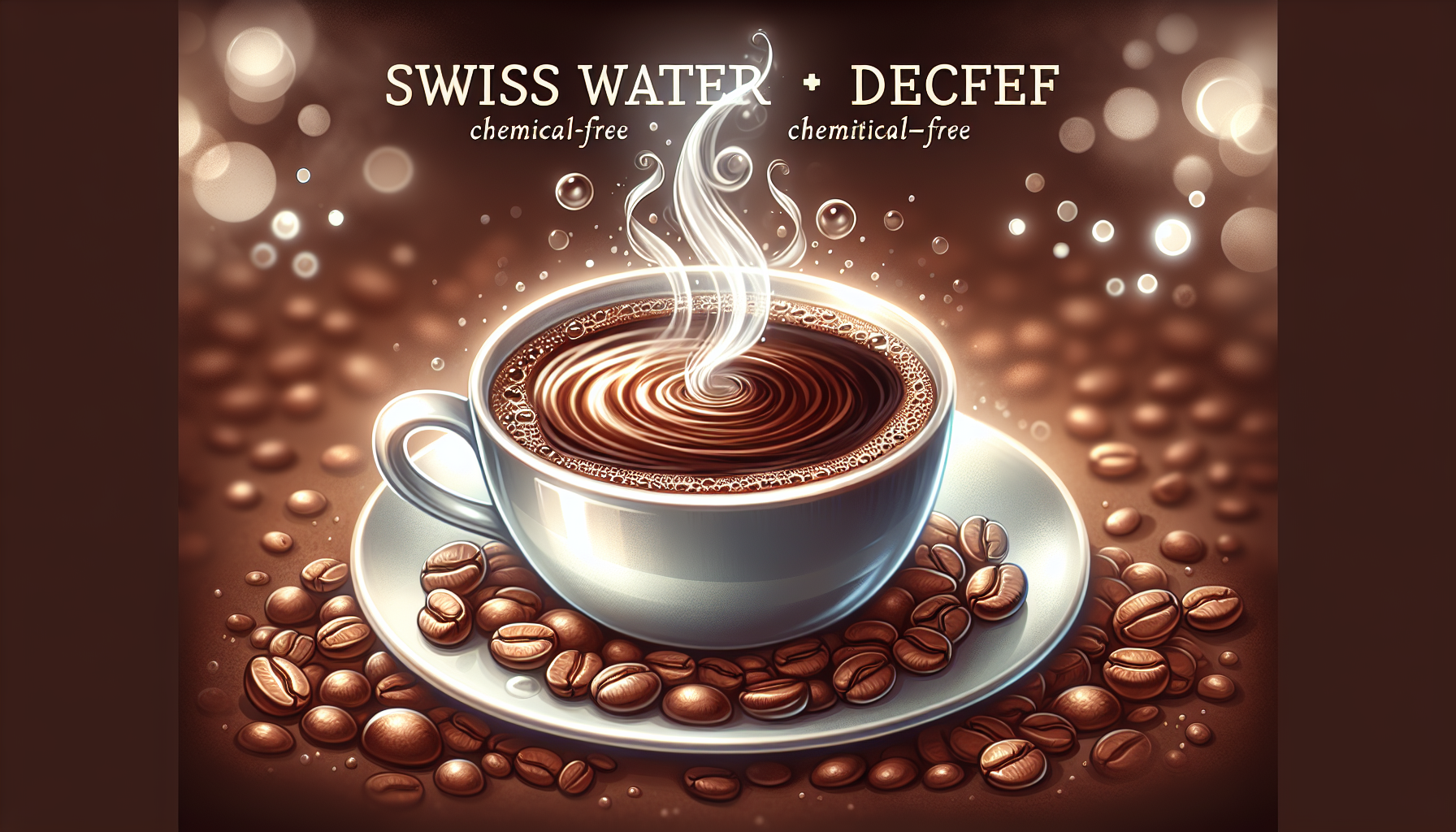 A steaming cup of Swiss Water Process decaf coffee, showcasing its rich aroma and smooth texture.