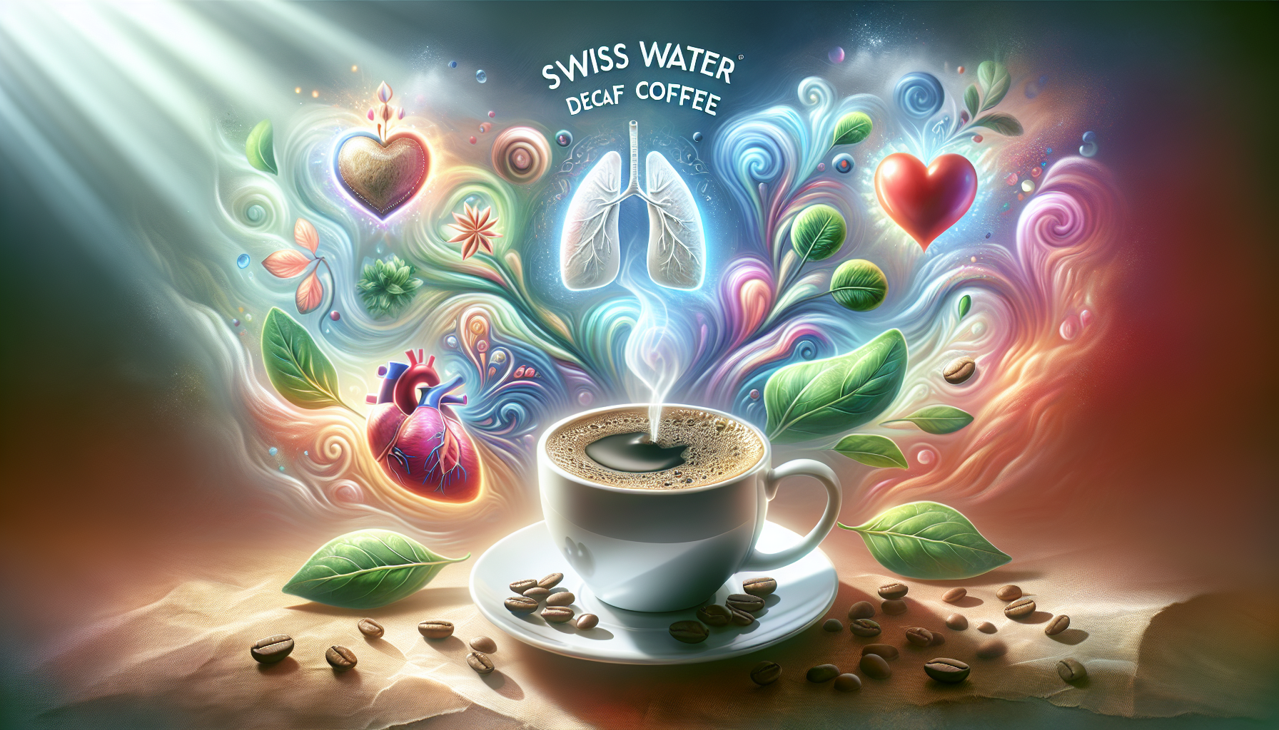 A vibrant illustration of the health benefits associated with Swiss Water Decaf coffee.