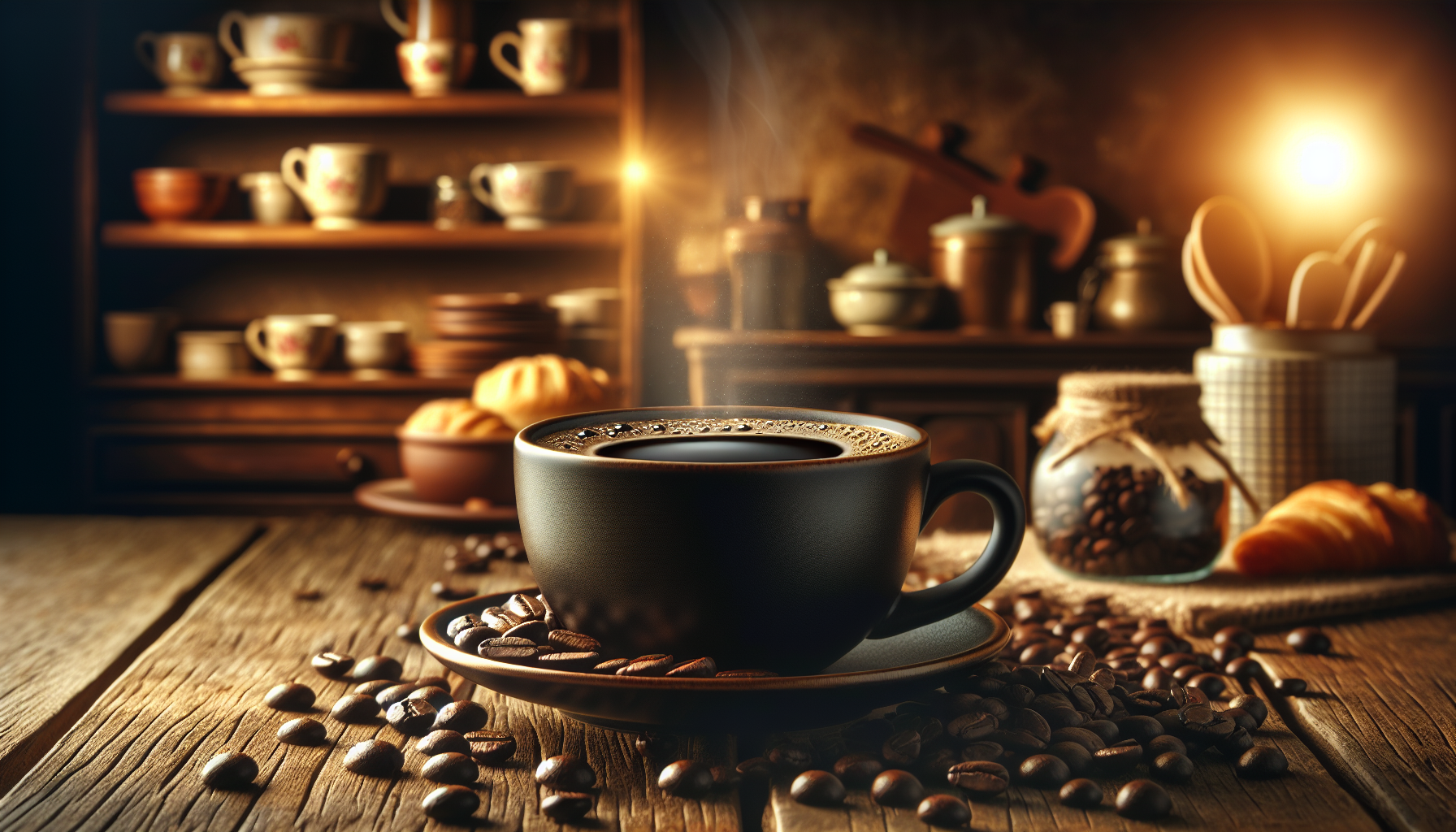 A steaming cup of dark roast coffee, representing American's love for dark roasts.