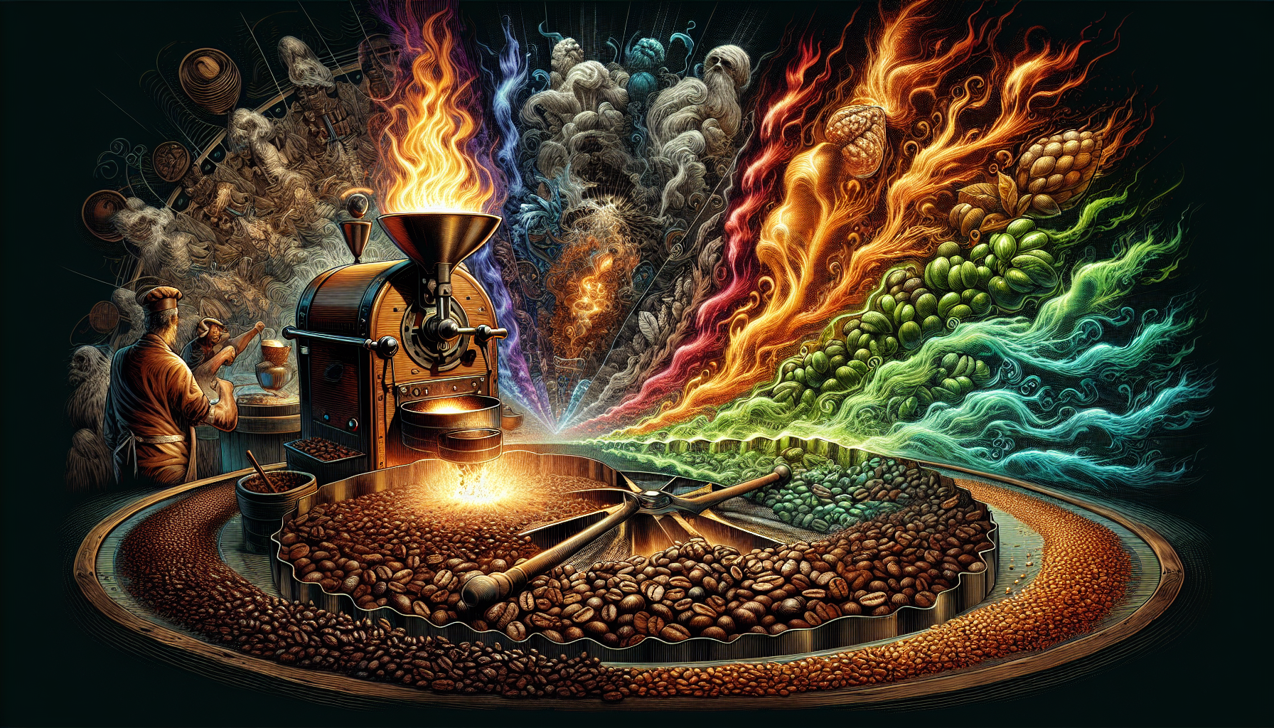 An artistic depiction of the dark roasting process of coffee beans.