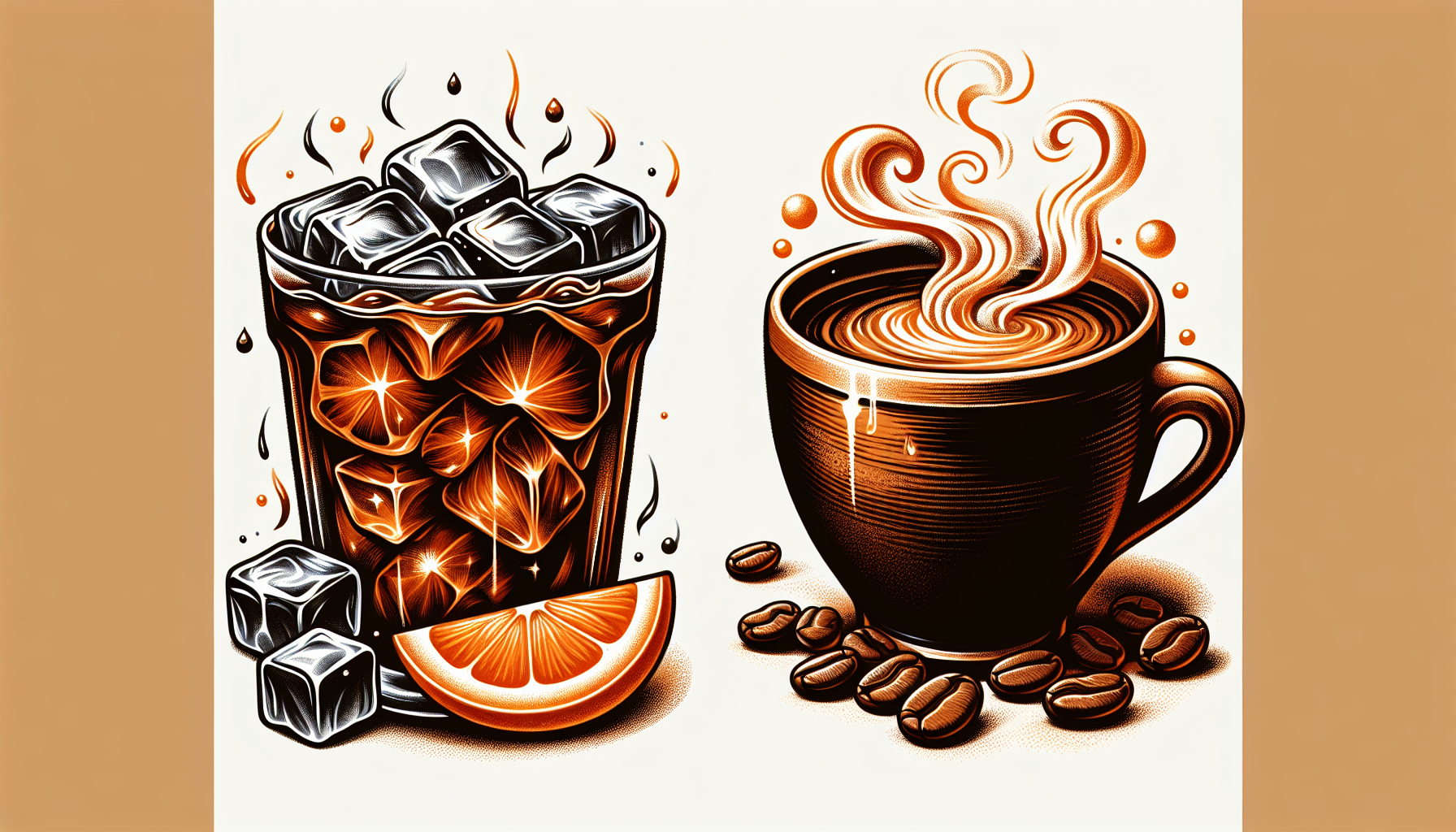 A side-by-side illustration of cold brew and hot brewed coffee.