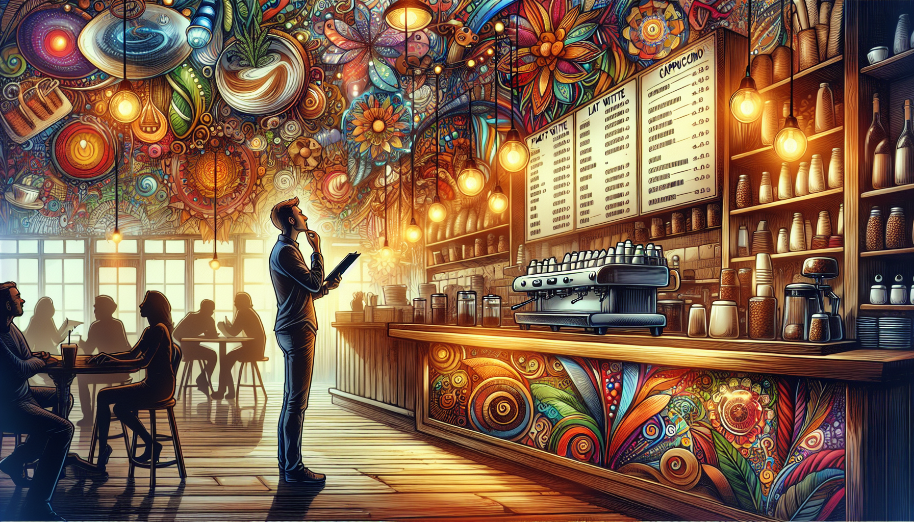 A whimsical illustration showing a person choosing between flat white and cappuccino.