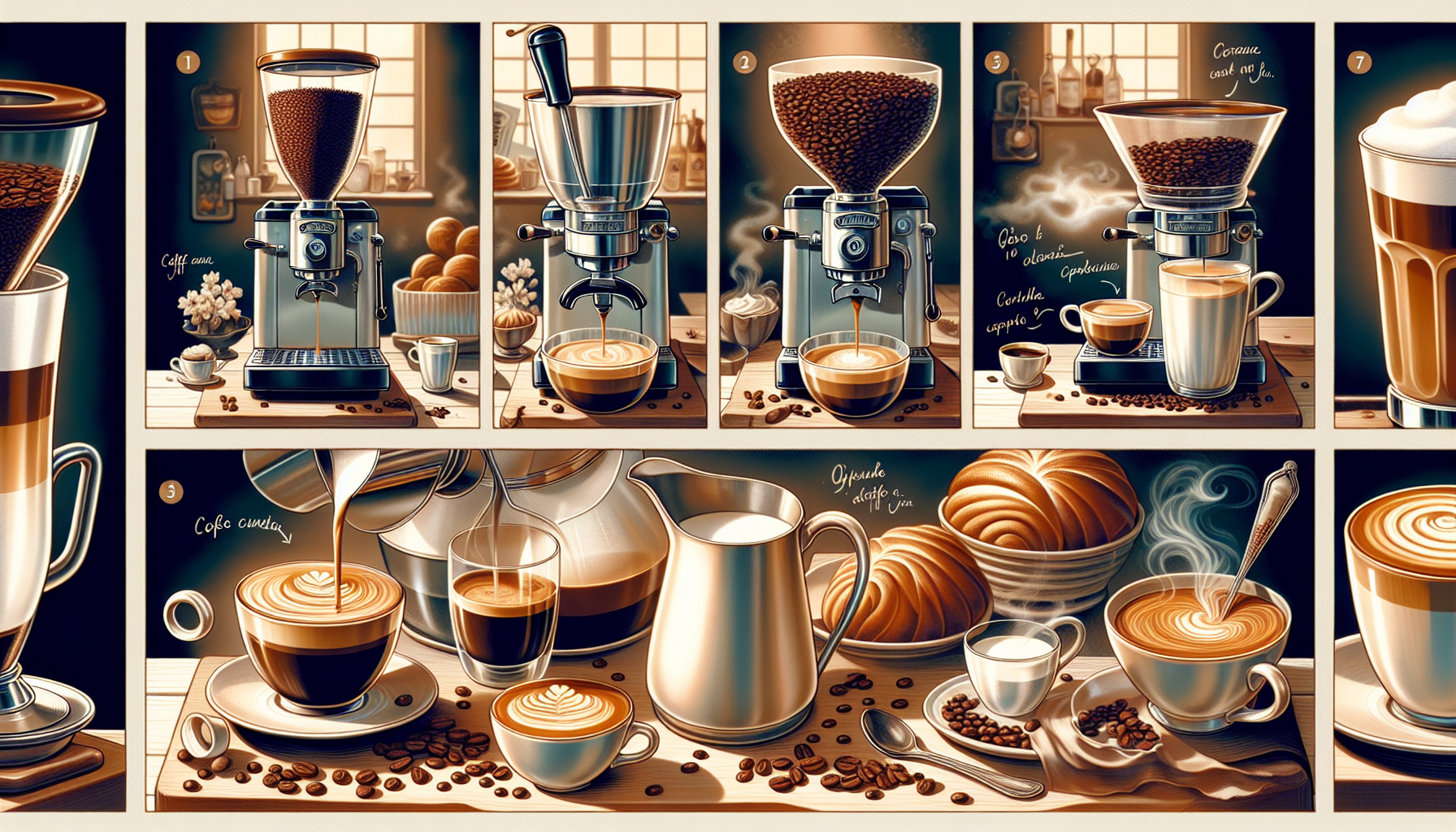 A step-by-step illustration of making flat whites and cappuccinos at home.