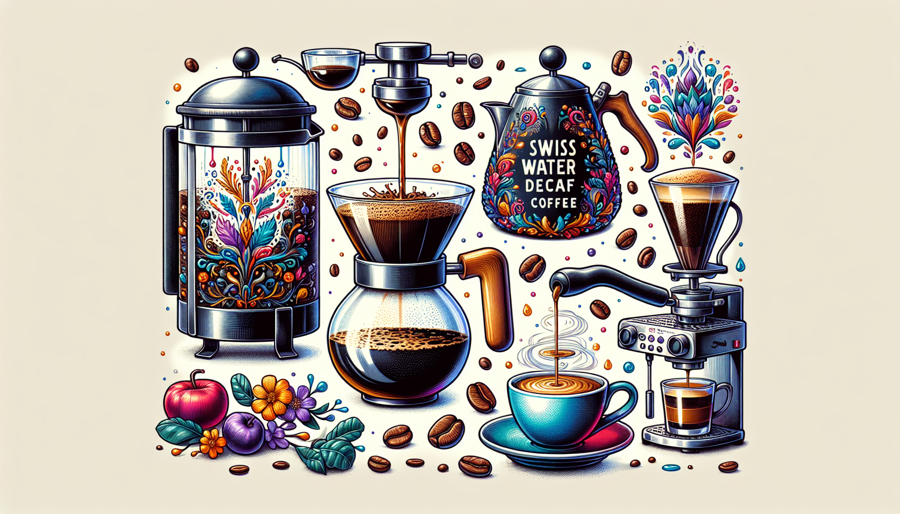 An artistic depiction of various brewing methods for Swiss Water Decaf coffee.