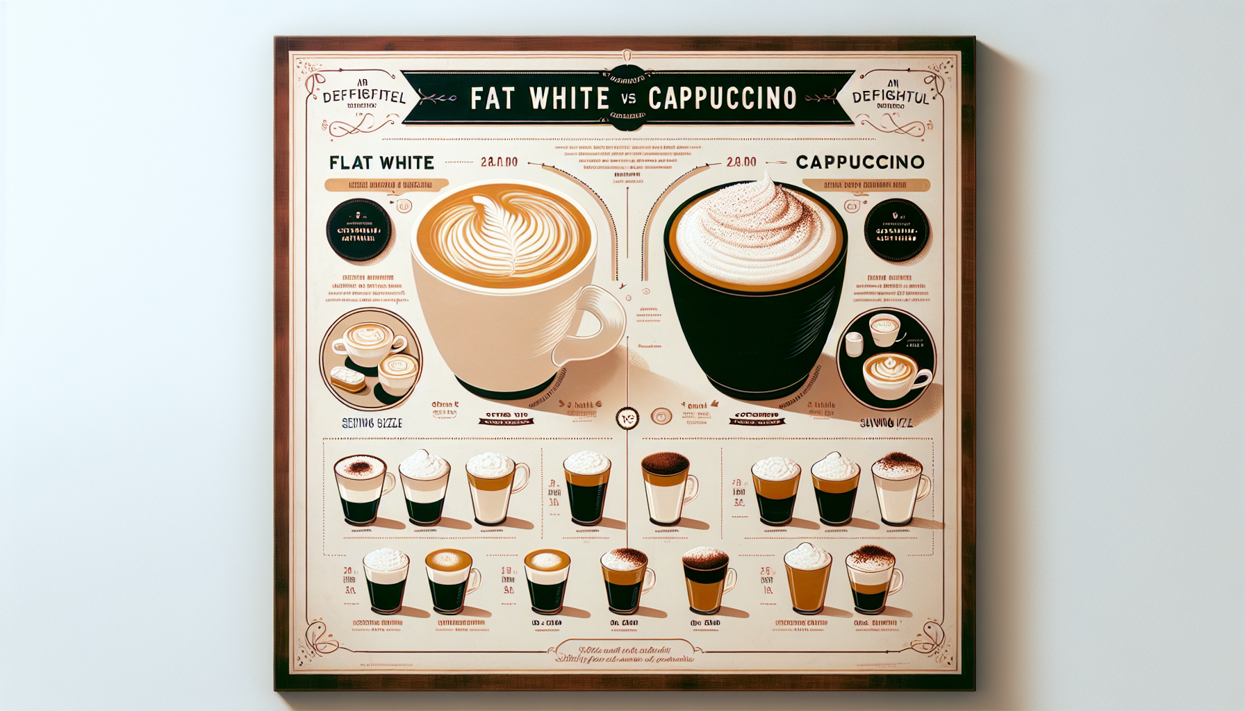 An infographic illustrating the key differences between flat white and cappuccino.