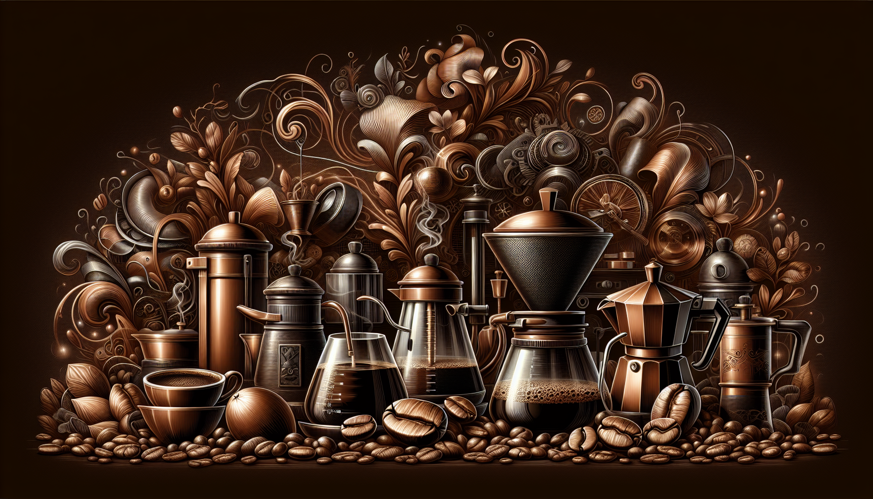 An artistic representation of specialty coffees and dark roasting techniques.