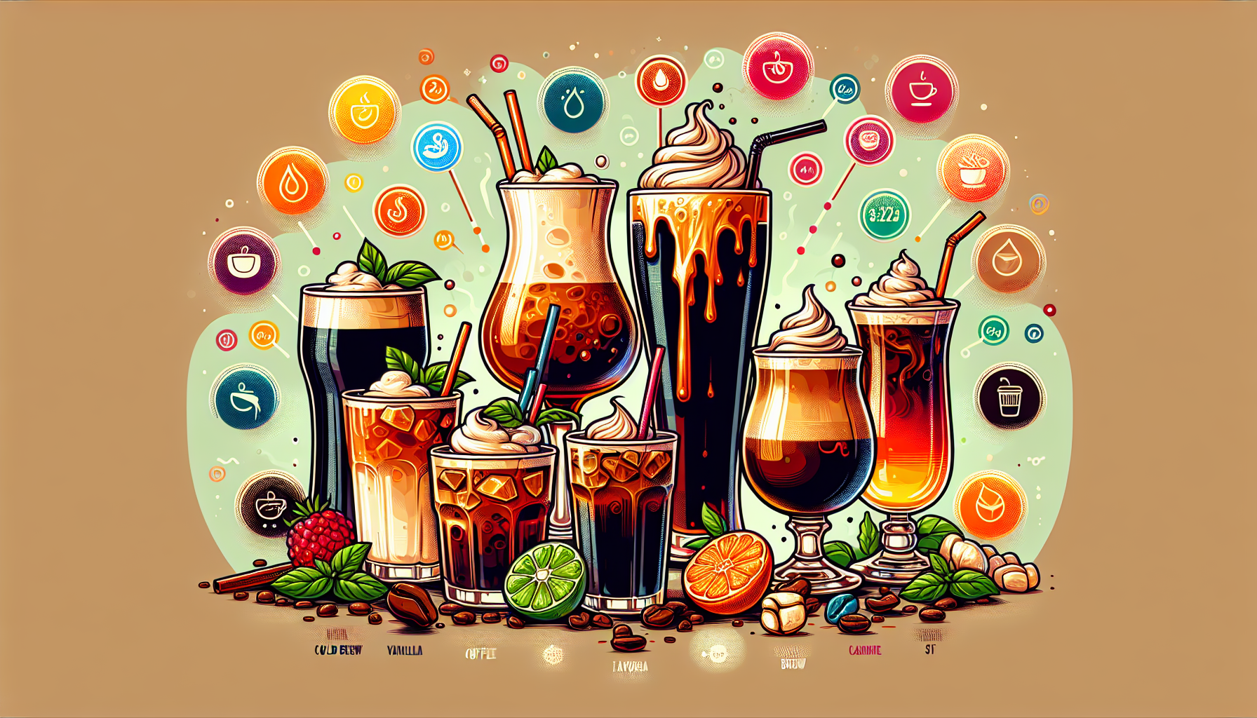 An illustration of various cold brew coffee drinks and their caffeine levels.