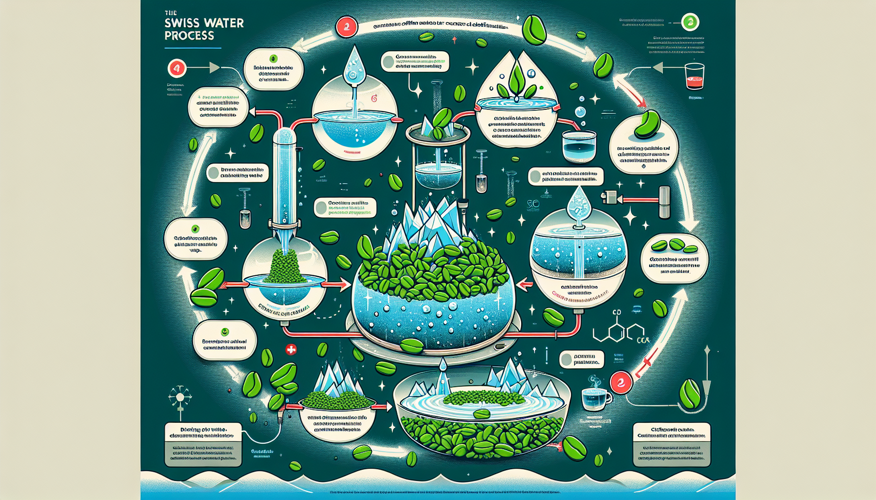 An infographic explaining the Swiss Water Process for decaffeination, highlighting its chemical-free nature.