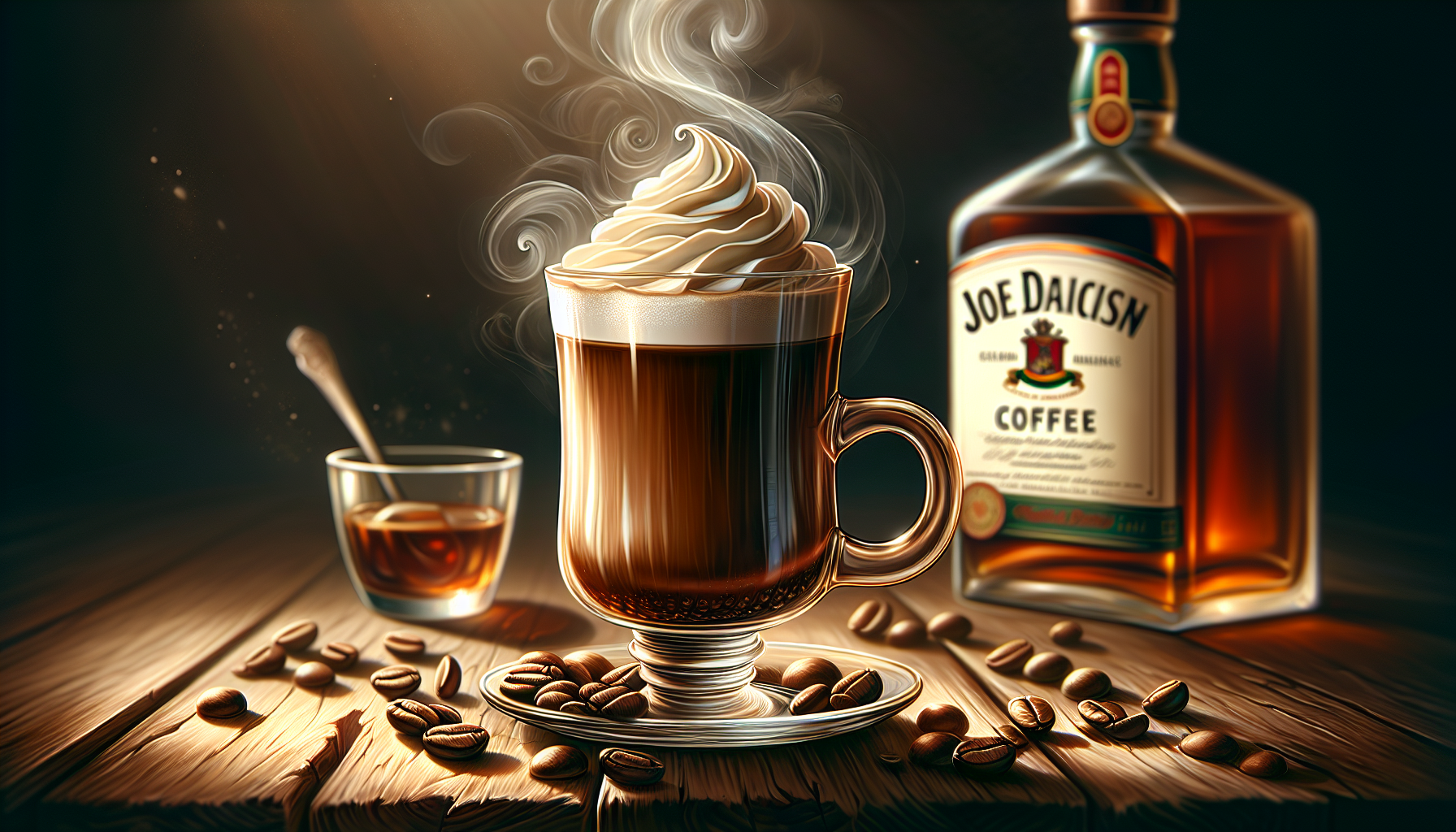 A warm coffee cocktail with whipped cream on top, showcasing classic Irish coffee ingredients.