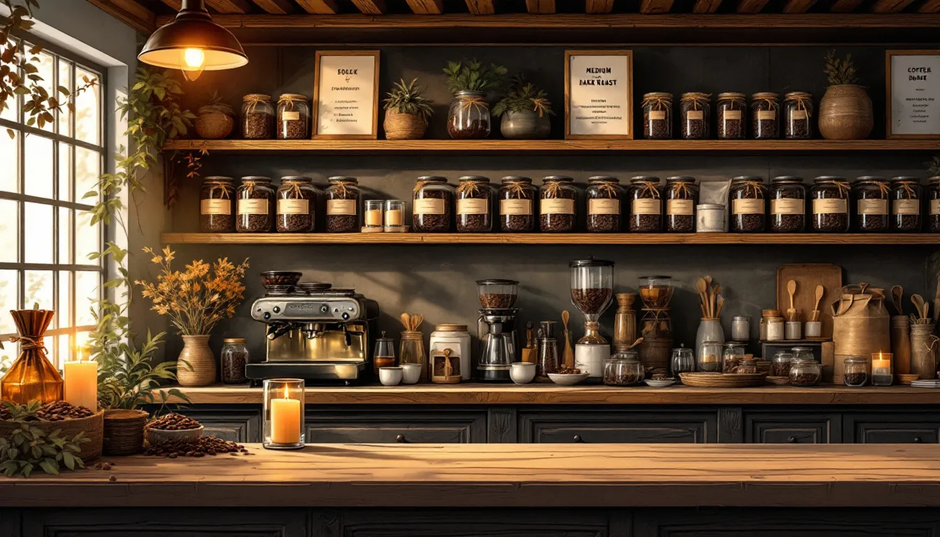 An assortment of specialty medium dark roast coffees on display.