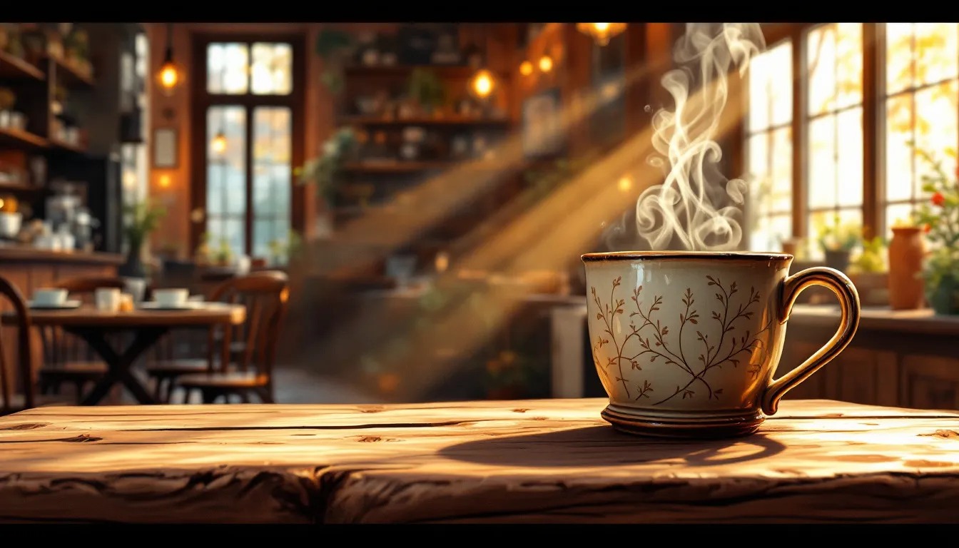 A steaming cup of medium dark roast coffee placed on a wooden table.