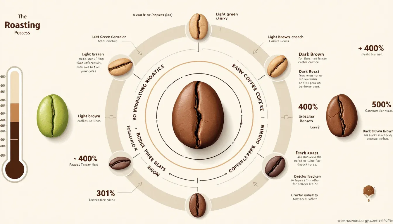 An illustration of the roasting process of coffee beans, showing different roast levels.