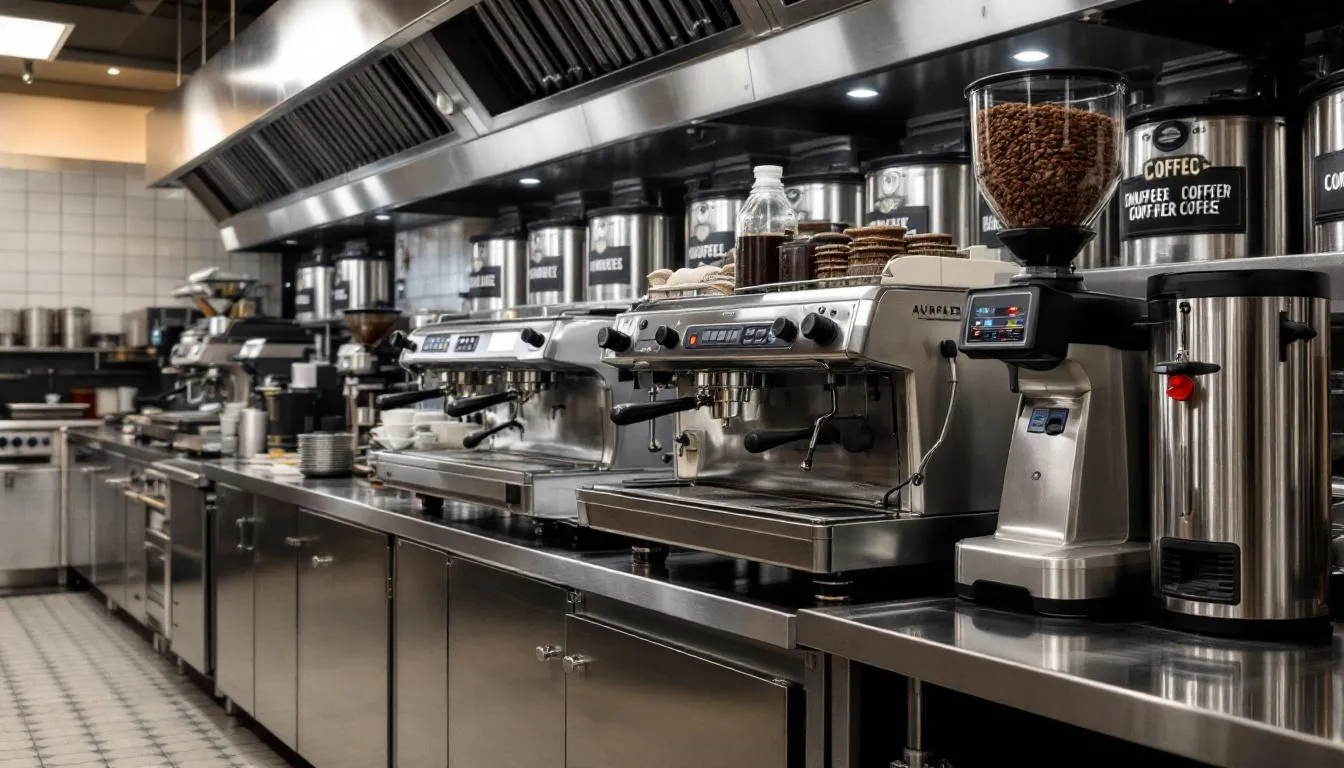 In a bustling restaurant kitchen, commercial coffee brewing equipment stands prominently alongside shelves filled with bulk coffee storage, showcasing various coffee beans and blends ready for use. This setup highlights the importance of wholesale coffee sourcing for cafes and restaurants aiming to serve high-quality beverages to their customers.