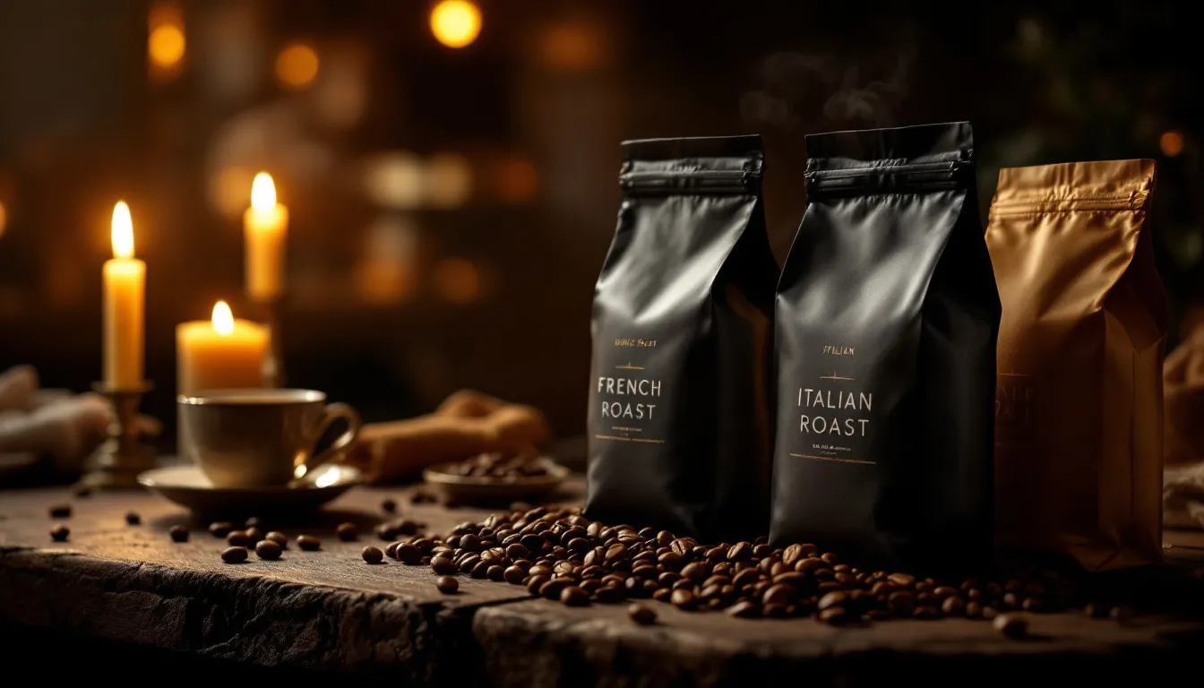 A variety of coffee roasts, including French roast, displayed for comparison.