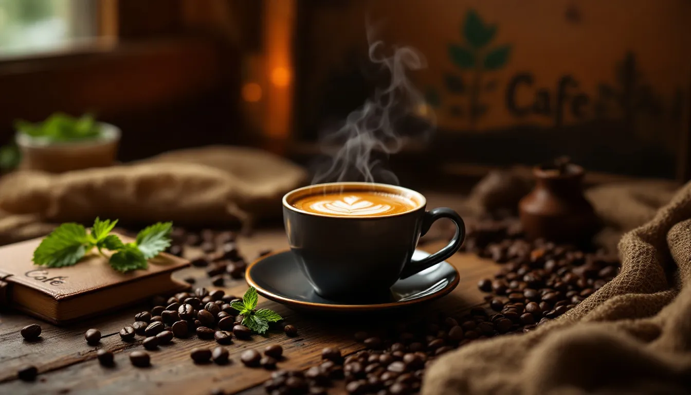 A steaming cup of dark roast coffee with a cozy setting, perfect for enjoying its benefits.
