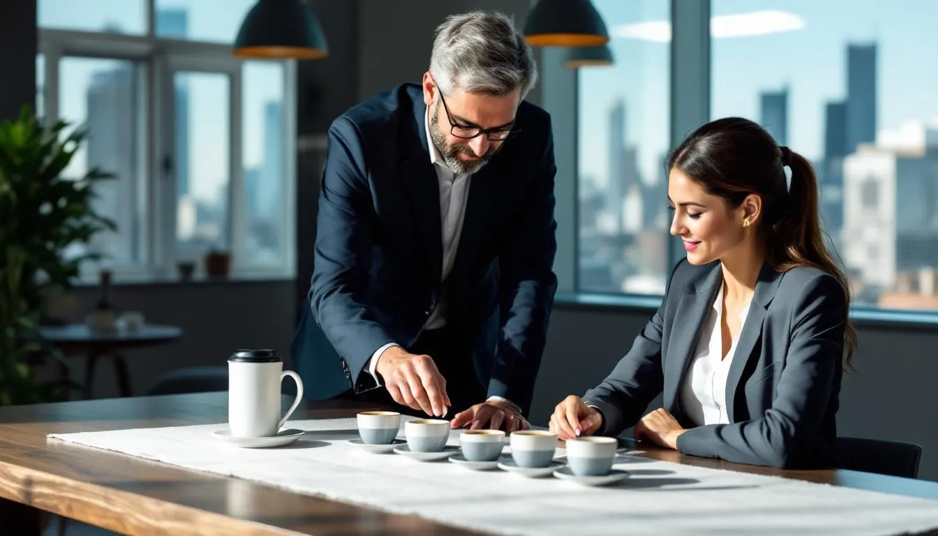 A coffee supplier and a cafe owner are engaged in a business meeting, reviewing various product samples of wholesale coffee, including different coffee beans and blends. They discuss pricing strategies and the best coffee varieties to serve in their coffee shop, aiming to enhance customer satisfaction and maximize profit.