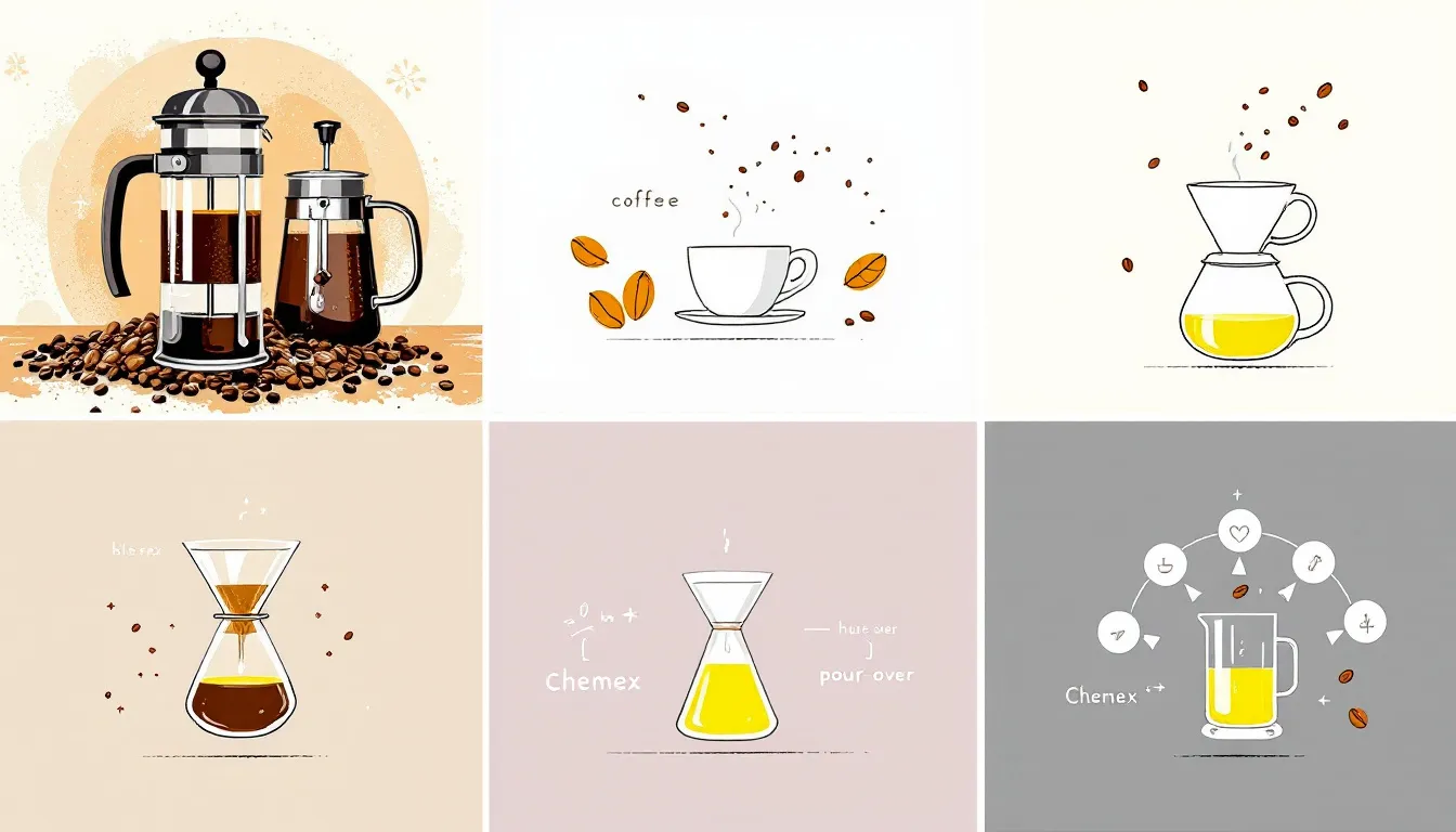 An array of brewing methods for coffee, including a French press and a pour-over setup.