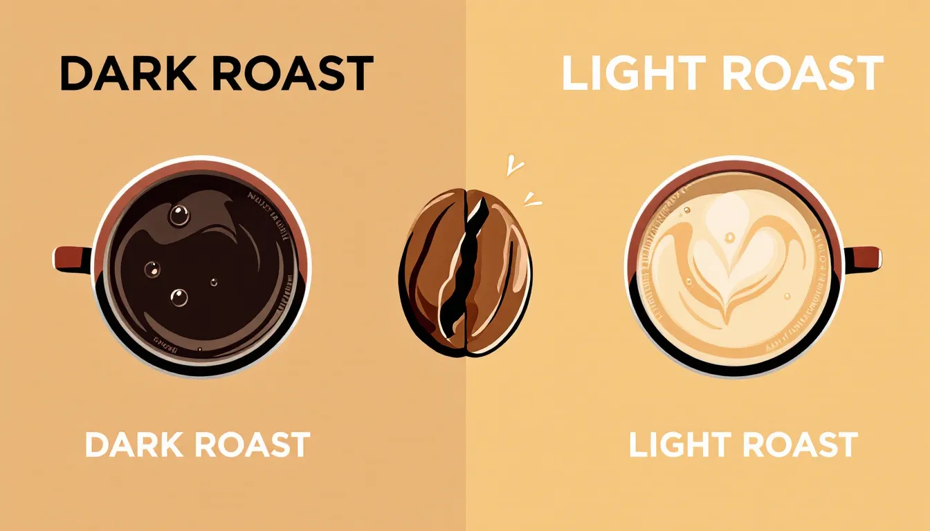 A side-by-side comparison of dark roast and light roast coffee in two cups.