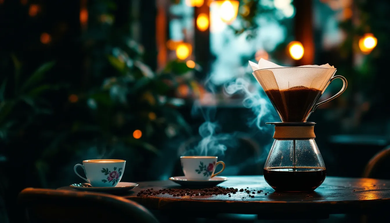 Different brewing methods for French roast coffee, including a French press and pour-over setup.