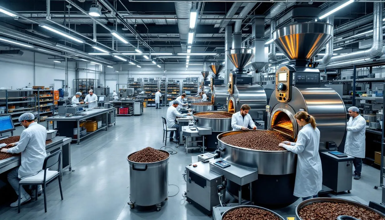 In the image, a bustling coffee roasting facility is depicted with large industrial roasters and organized quality control stations, showcasing the process of roasting various coffee beans for wholesale coffee distribution. The environment is filled with the rich aroma of freshly roasted coffee, emphasizing the commitment to quality and flavor for coffee shops and retailers.