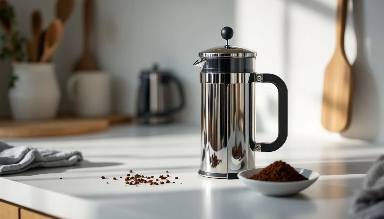 A close-up view of a French press filter with coffee grounds.
