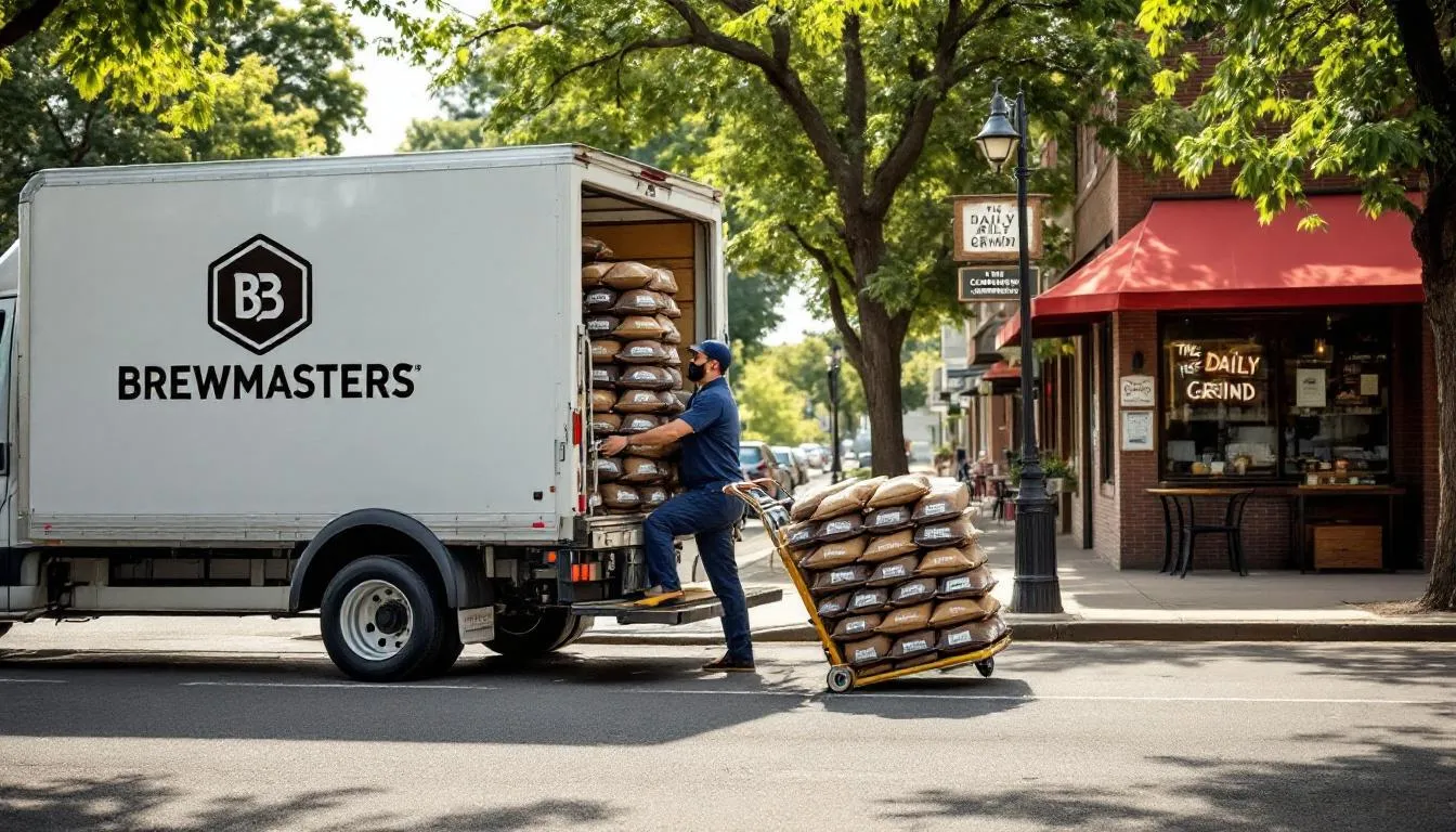 A delivery truck filled with bags of wholesale coffee is making its rounds to local cafes and coffee shops, ensuring that businesses have the bulk coffee they need to serve their customers. The truck represents a vital link in the supply chain, delivering various coffee blends and flavors to meet the demand of restaurants and grocery stores.