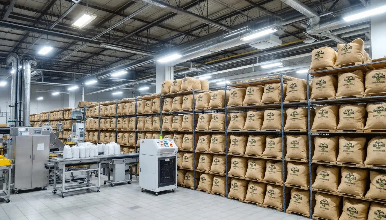In the image, a coffee warehouse is filled with rows of burlap sacks containing various coffee beans, alongside modern packaging equipment designed for wholesale coffee distribution. The environment reflects a bustling business atmosphere, suitable for serving grocery stores, cafes, and restaurants with bulk coffee orders.