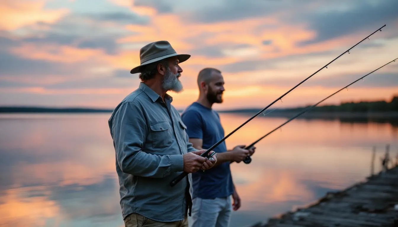 A father and his adult son are sitting together on a small boat, fishing on a serene lake at sunset, surrounded by warm light reflecting off the water. This peaceful moment captures the essence of family bonding and the joy of shared experiences, making it a perfect idea for gifts for dads who cherish quality time.