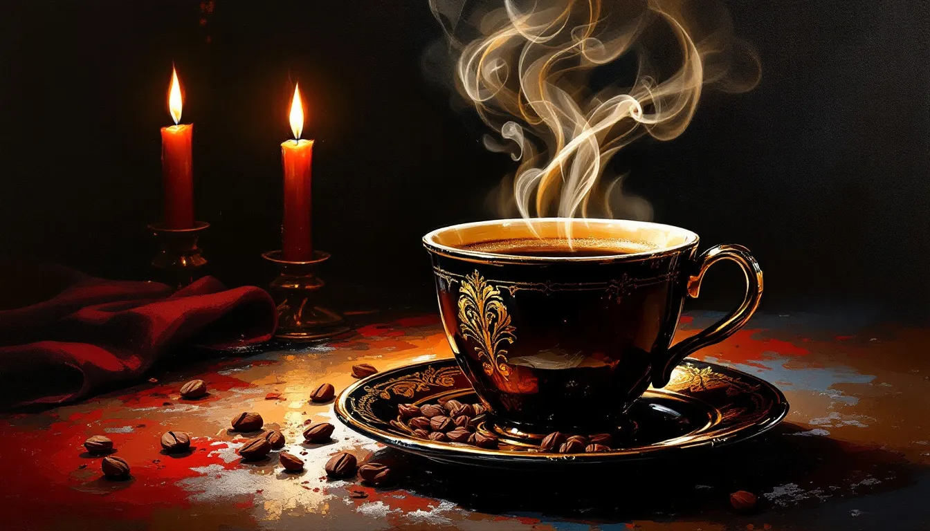 A steaming cup of French roast coffee, emphasizing its dark color and rich aroma.